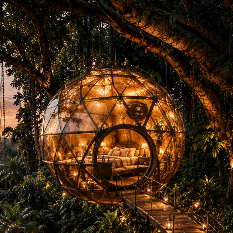 Spherical tree globe suspended in the jungle canopy